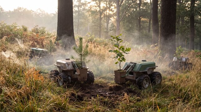 Autonomous robots planting young trees in a misty forest for reforestation and environmental restoration project