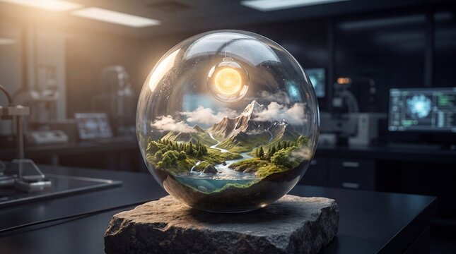 A miniature mountain landscape ecosystem contained within a glass sphere sitting on a stone in a laboratory