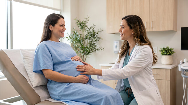 Female doctor in white coat and pregnant woman in gown, with gentle hand placement on baby bump, conducting abdominal examination on medical table, in modern clinical room, obstetrics healthcare