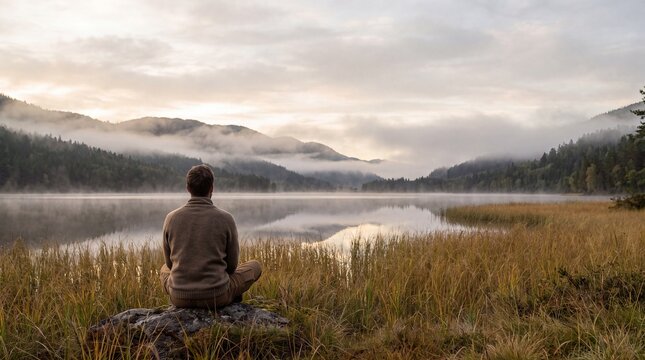 Man meditating in lotus position on a rock by a misty lake in the mountains at sunrise