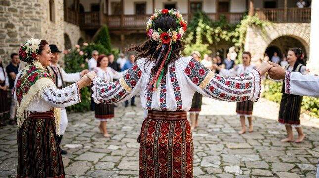 Traditional Romanian Folk Dancers in Authentic Costumes Performing Hora Dance in a Historic Stone Courtyard