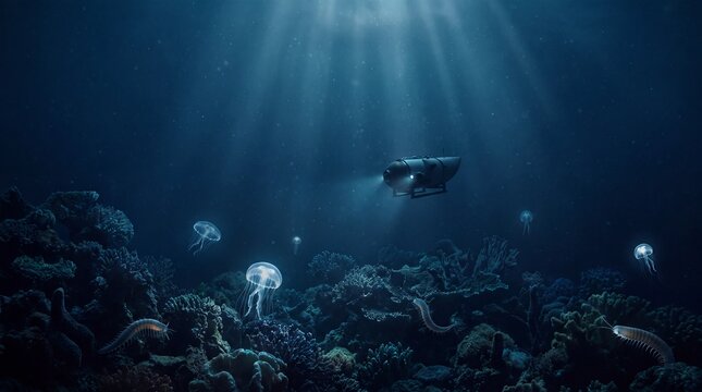 Submersible exploring a deep sea coral reef with glowing jellyfish and marine life in the dark ocean