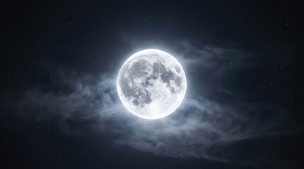 Fototapeta premium Full moon in the night sky. Bright lunar orb glowing through dark clouds.
