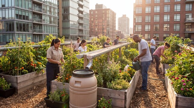 Diverse group of volunteers working together in an urban rooftop community garden during a sunny day