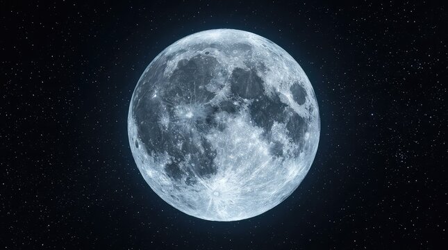Full moon in the dark night sky. Detailed lunar surface with stars in deep space.