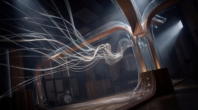 Abstract flowing light ribbons and wooden architectural structures in a modern music recording studio environment