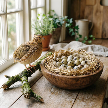 Quail Bird Nestling Eggs Countryside Rustic Kitchen Window Nature Still Life