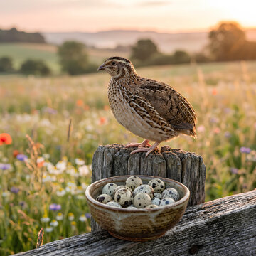 Quail Bird Perched on Fence Post Next to Bowl of Eggs in Field
