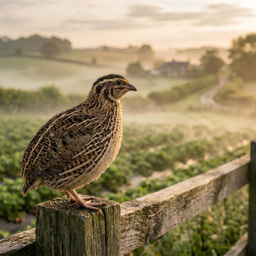 Quail Bird Perched on Wooden Fence in Misty Countryside Morning Light