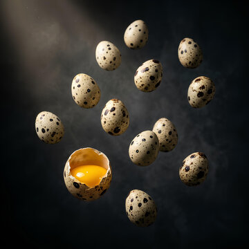 Quail Eggs Floating One Cracked Open With Yolk