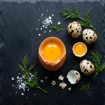 Quail Eggs and Dill on Slate Fresh Ingredients for Cooking