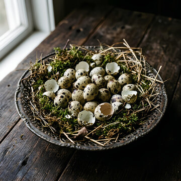 Quail Eggs in Nest Basket on Rustic Wood Table