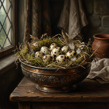Quail Eggs in Nest Basket Rustic Still Life Countryside Farm Food