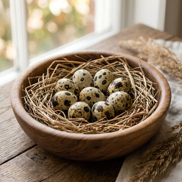 Quail Eggs in Nest Bowl on Rustic Wooden Table Natural Light
