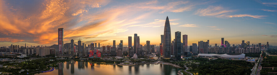 Fototapeta premium Aerial View of Shenzhen skyline at Dusk, Nanshan District, Guangdong, China