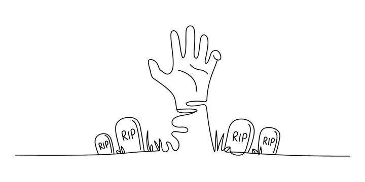 One line drawing of a zombie hand rising from a graveyard with tombstones