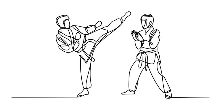 Two people doing karate or taekwondo martial arts in continuous line drawing