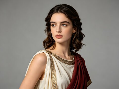 Elegant woman in ancient greek dress looking sideways against grey