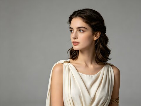 Beautiful woman wearing ancient greek dress looking away
