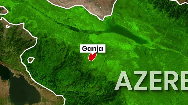 Animated map highlights the city of Ganja in Azerbaijan motion graphics video