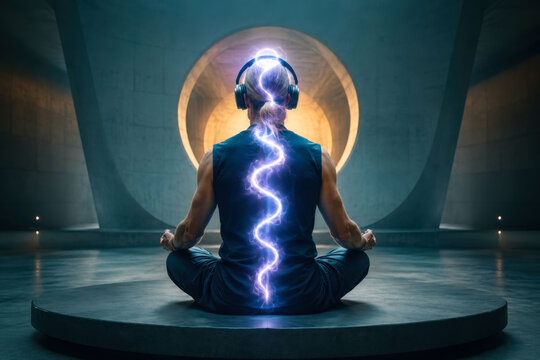 Man with Headphones Experiencing Rising Kundalini Energy Through Sound Meditation