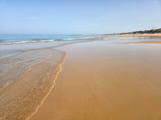 Barrosa beach, in Sancti Petri, Chiclana de la Frontera in the province of Cadiz, Spain, at low tide and with a large expanse of sand © josevgluis