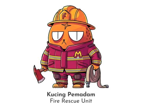 Cute cartoon cat firefighter in uniform with axe and hose