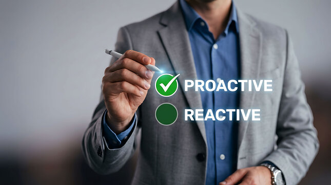 Businessman choosing proactive strategy over reactive solution for business growth