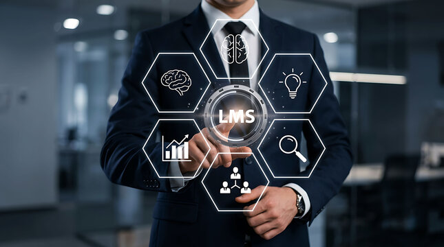 Businessman pressing LMS learning management system education network screen