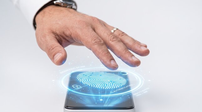 Futuristic biometric fingerprint scan, digital identity verification on smartphone screen, hand touching holographic security interface for authentication, advanced technology