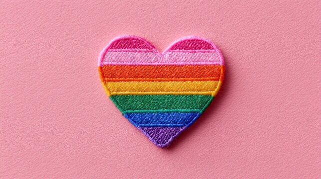 A colorful rainbow striped heart patch centered on a textured pink background. This symbol of love and equality is perfect for Pride month messaging.
