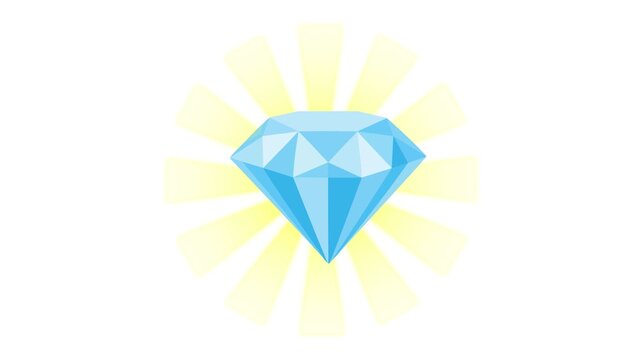 Diamond animated sparkling with sunburst light ray blue gemstone in 4k isolated on white background