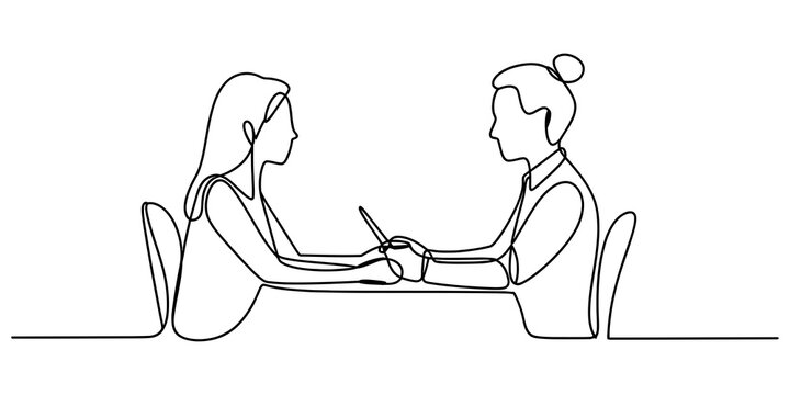 Two women sitting at a table having a conversation in one continuous line art