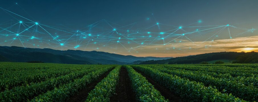 A sunset landscape of a green farm field with a glowing digital network connection above. Perfect for visualizing smart agriculture and sustainable tech solutions.