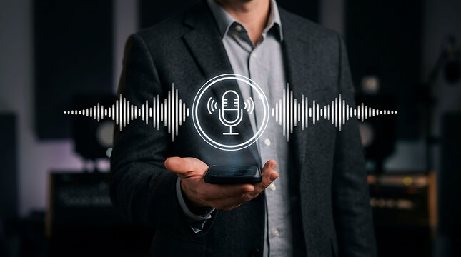 Businessman holding phone with voice recognition podcast audio waveform icon