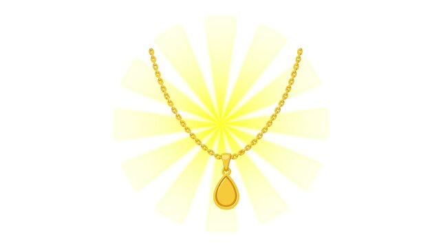 Gold necklace animated sparkling with sunburst light ray luxury jewelry in 4k isolated on white background