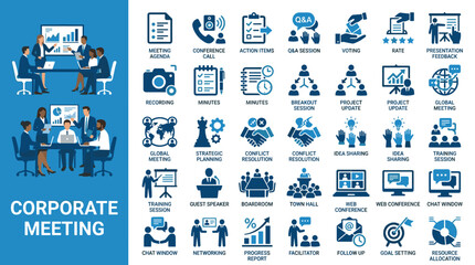 Fototapeta premium Business corporate meeting icon set and professional team scenes