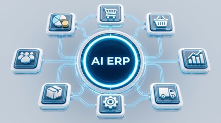 Fototapeta premium ERP icons AI ERP Umgebung KI System. 3D Infografik eines KI-ERP-Systems mit vernetzten Unternehmensbereichen, Business AI System. KI ERP Symbolisch dargestellt