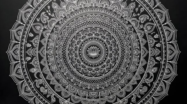 Detailed circular mandala art with intricate floral patterns and a central lotus flower drawn in white on a black background