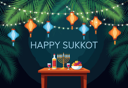 Sukkot Celebration Table with Menorah and Fruit under Palm Fronds