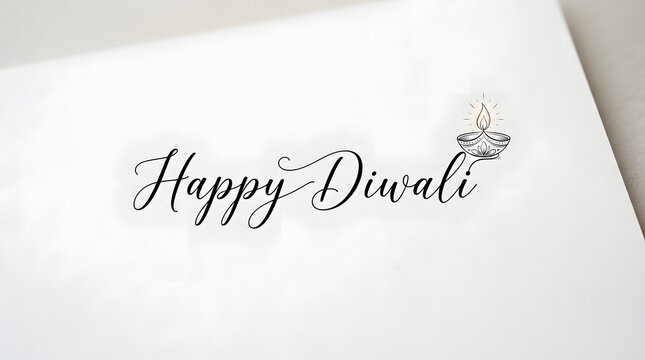 Happy diwali text with a small hand drawn lit diya lamp, elegant calligraphy greeting card design isolated on white background