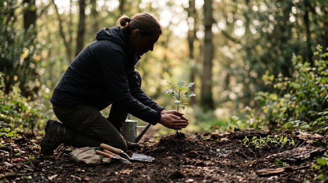 Woman kneeling to plant an oak sapling in the woods, reforestation project, volunteer work, environmental activism, climate change action, sustainable future, gardening tools