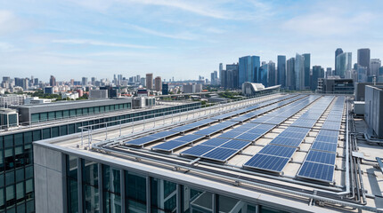 Naklejka premium Solar panels on modern commercial building for renewable energy