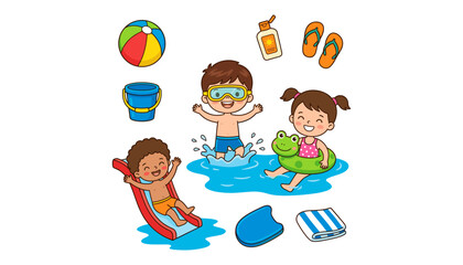  Cute Cartoon Kids Playing in Water Pool Vector Illustration Set Featuring Summer Beach Elements Slide Inflatable Ring and Swimming Toys