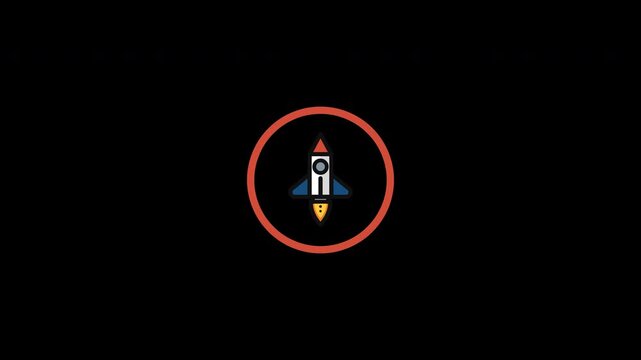 Minimalist rocket launch icon in red circle isolated on dark background
