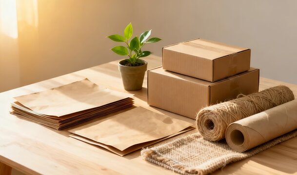Eco-friendly packaging materials arranged on a wooden table, representing sustainable packaging and environmentally conscious business solutions