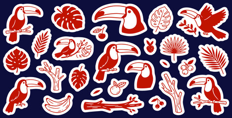 Naklejka premium A collection of red toucan illustrations and tropical leaves on a dark blue background.
