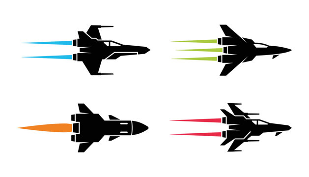 Sci Fi Spaceship Silhouette Vector Icon Set Featuring Futuristic Starfighter Assets, Combat Spacecraft, Rocket Thrusters, and Retro Gaming Arcade Logo Designs
