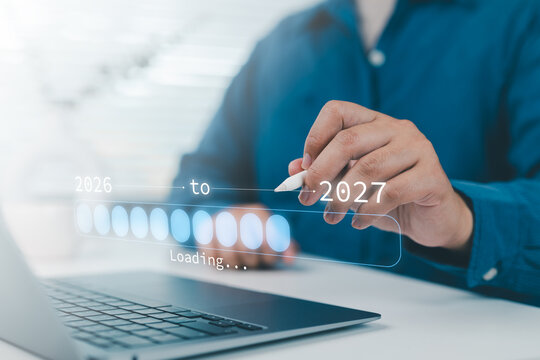 Business Transition from 2026 to 2027 with Digital Progress Loading Bar for Annual Planning Strategic Roadmap Enterprise Transformation Goal Tracking Productivity Improvement and Business Growth