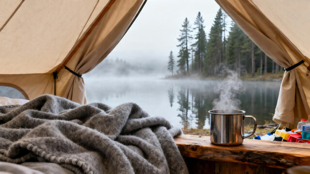 Cozy glamping tent interior with a misty lake view